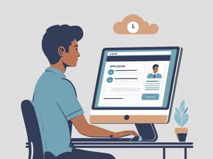 very simple icon of a young latin american adult at a computer applying for a job. show at an angle where we can see their computer screen. make the computer screen proportional to them.