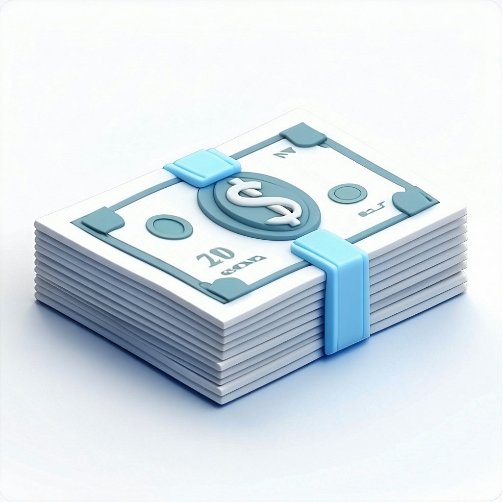 The icon features a neatly arranged stack of dollar bills characterized by crisp edges and a slightly elevated appearance that suggests depth The design employs a harmonious color palette of white light blue and grey with the light blue accents addin